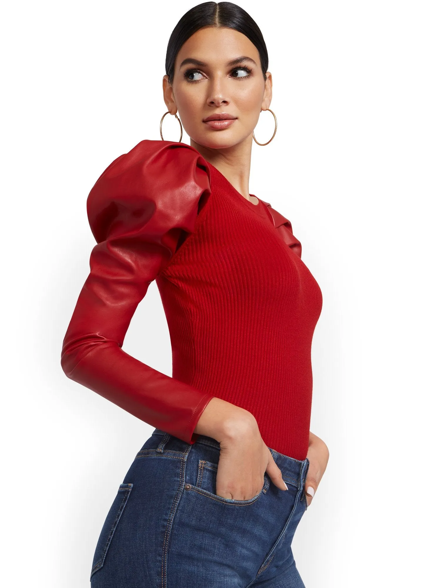Faux-Leather Sleeve Sweater