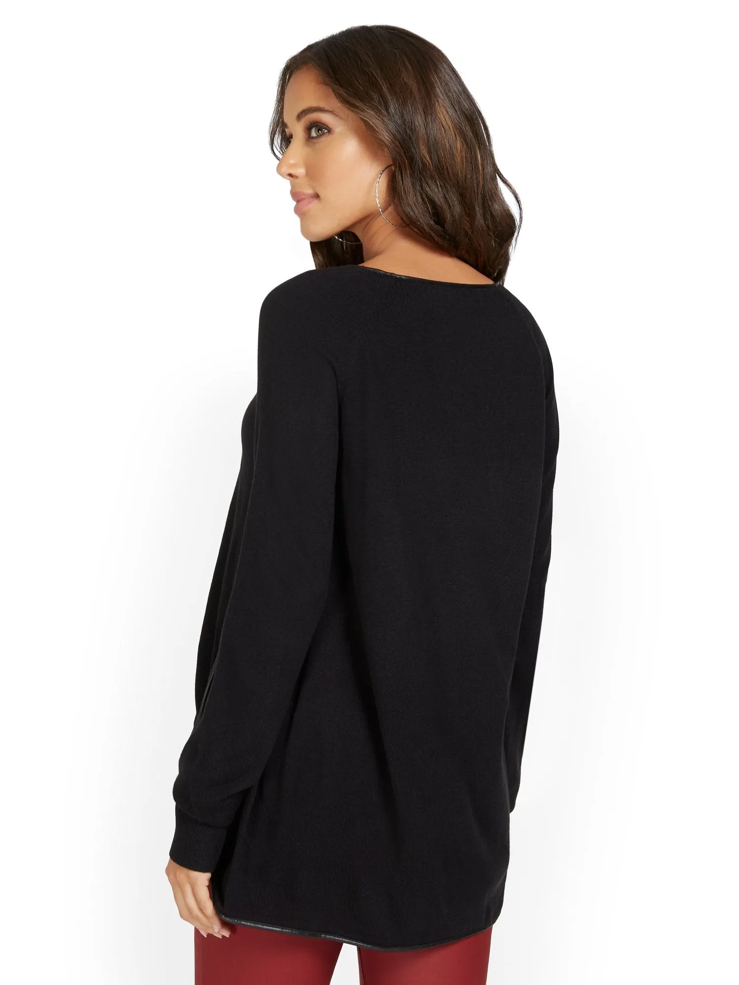 Faux-Leather Trim Zip-Side Sweater