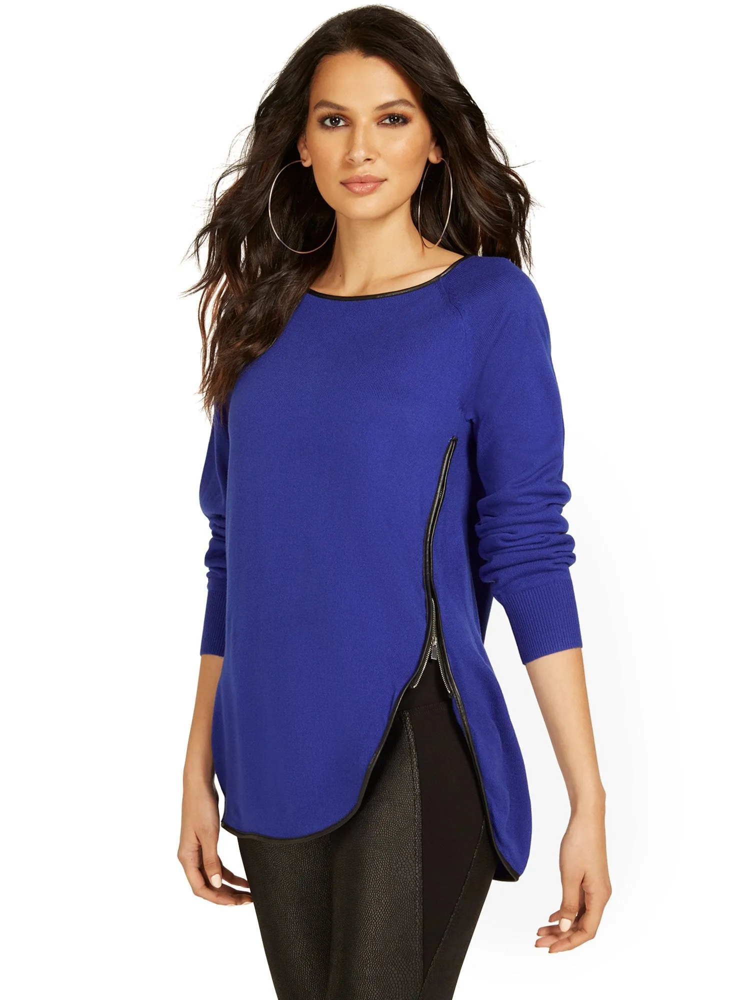 Faux-Leather Trim Zip-Side Sweater