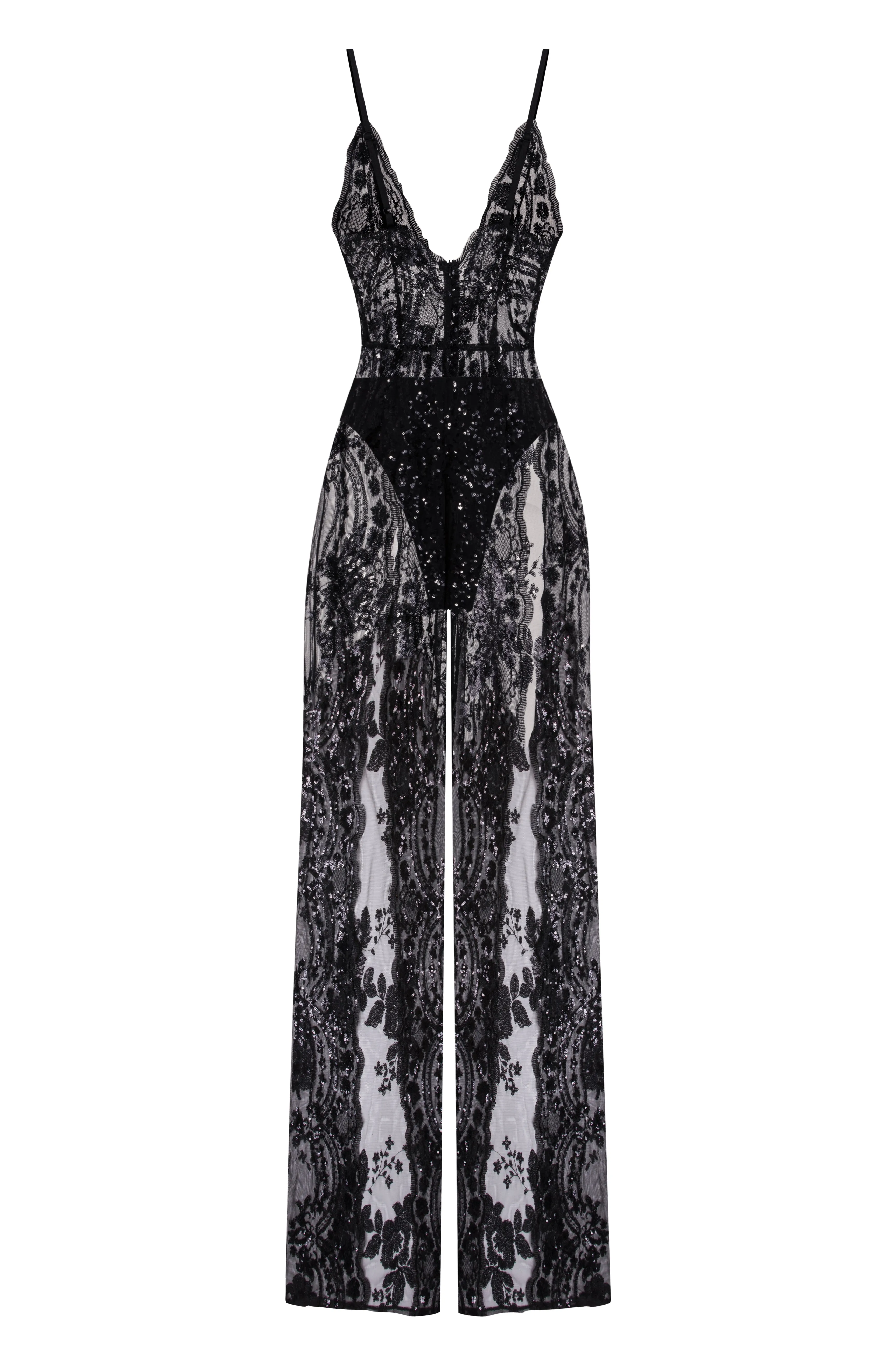 Game Changer Black Sheer Floral Sequin Palazzo Split Jumpsuit