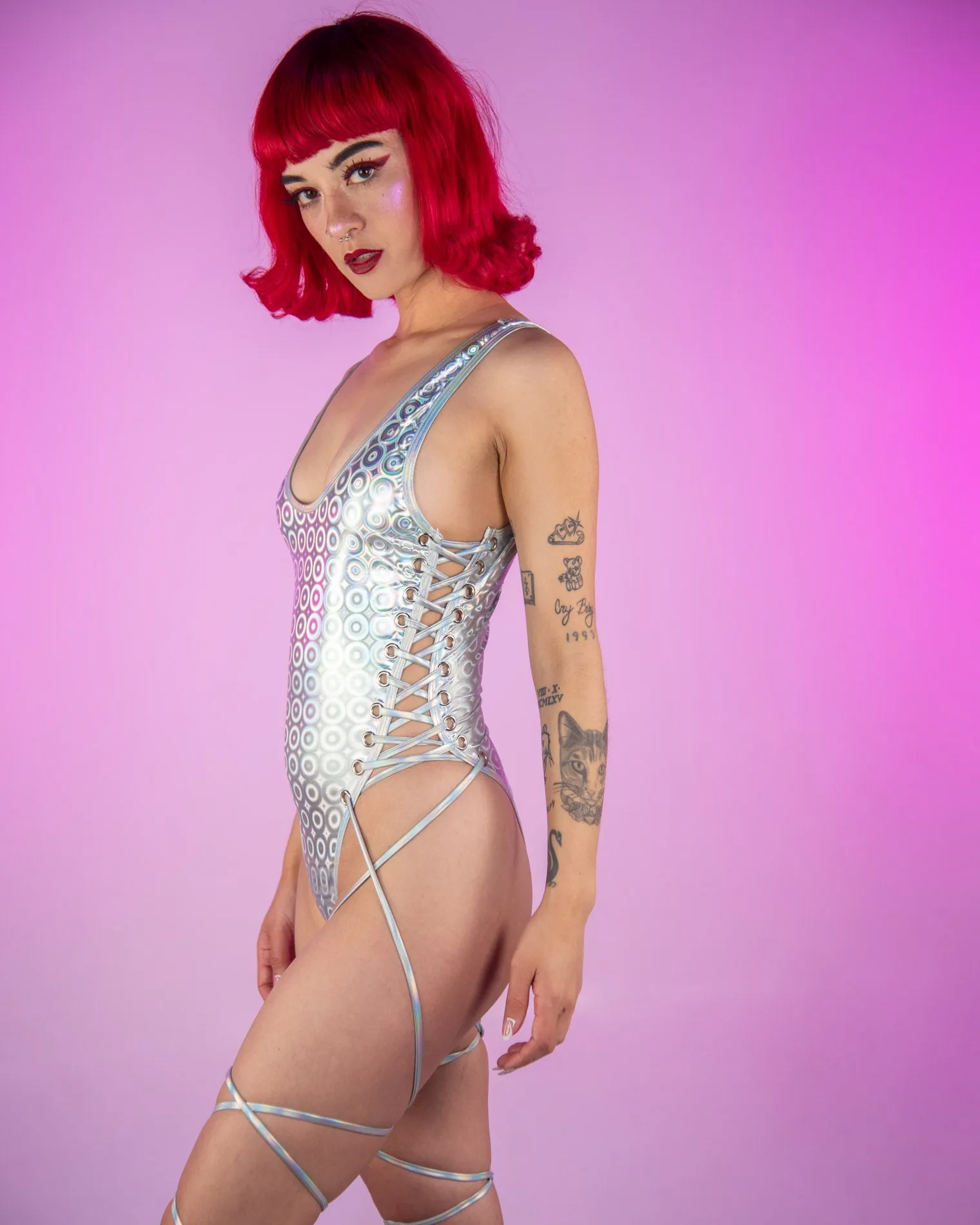 Go-Go Dreams Silver Rings Full-Body Lace-Up Bodysuit