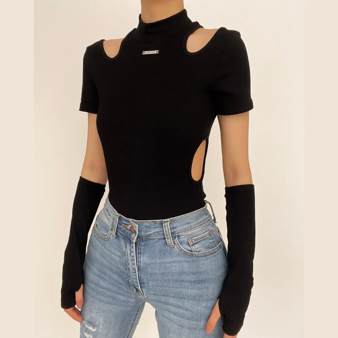 High neck hollow out short sleeve solid bodysuit