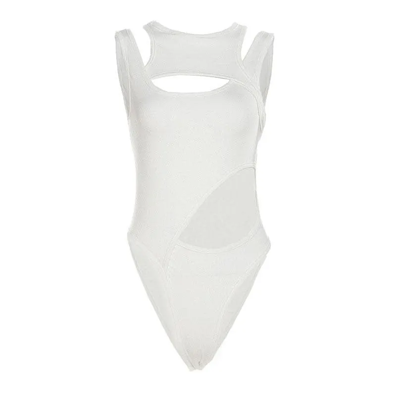 Hollow out irregular sleeveless solid patchwork bodysuit