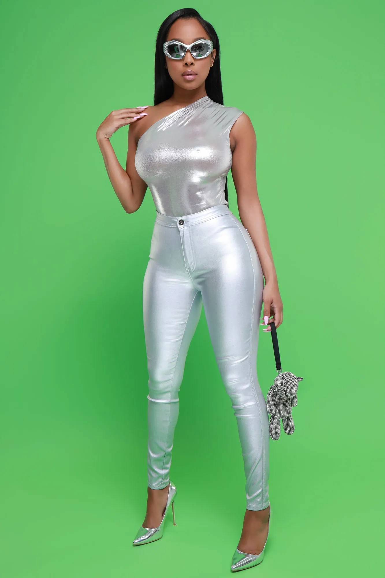 Kill The Lights One Shoulder Metallic Bodysuit - Silver