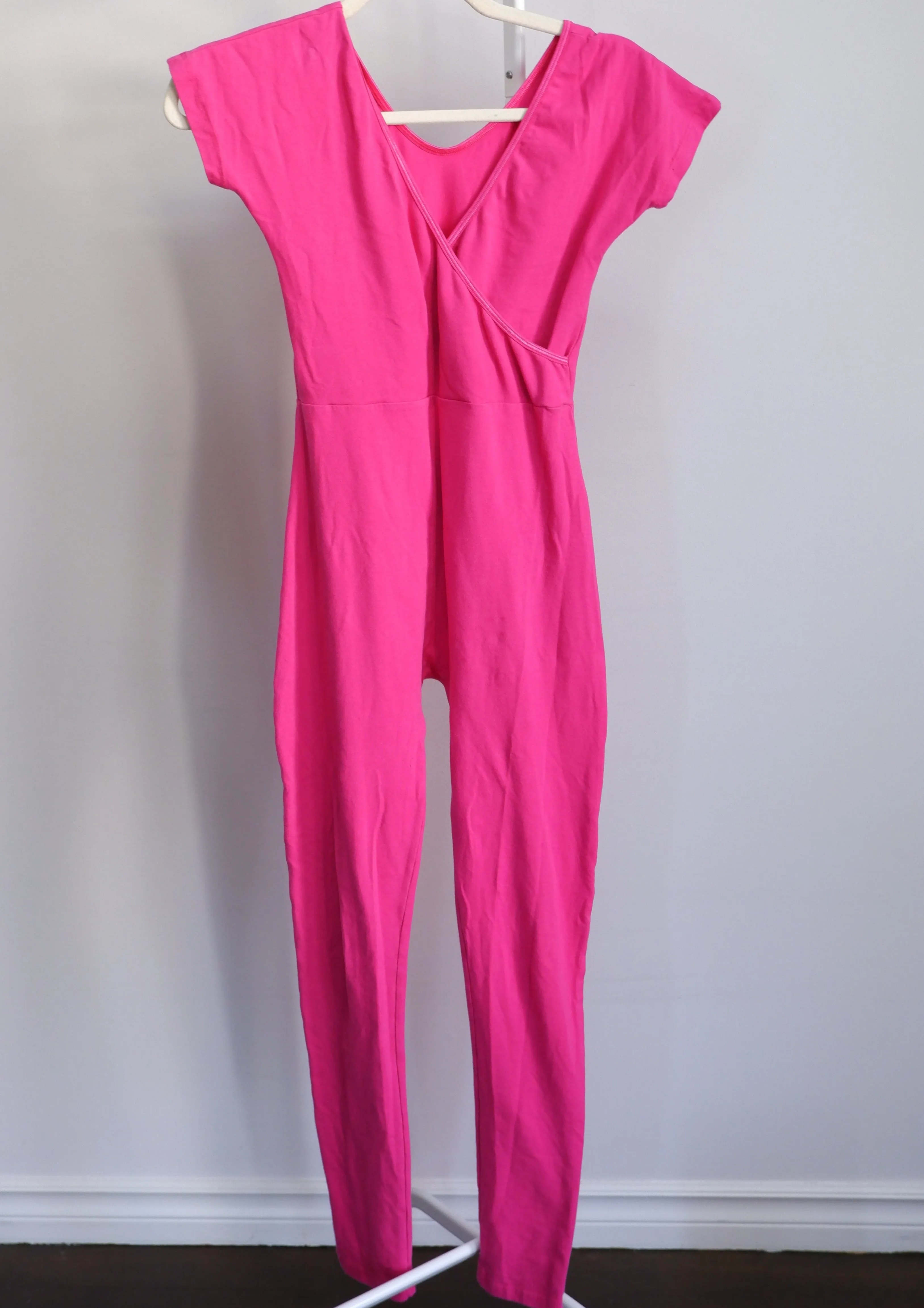 LA Apparel Cap Sleeve Cross Front Unitard in Red Violet - XS/S
