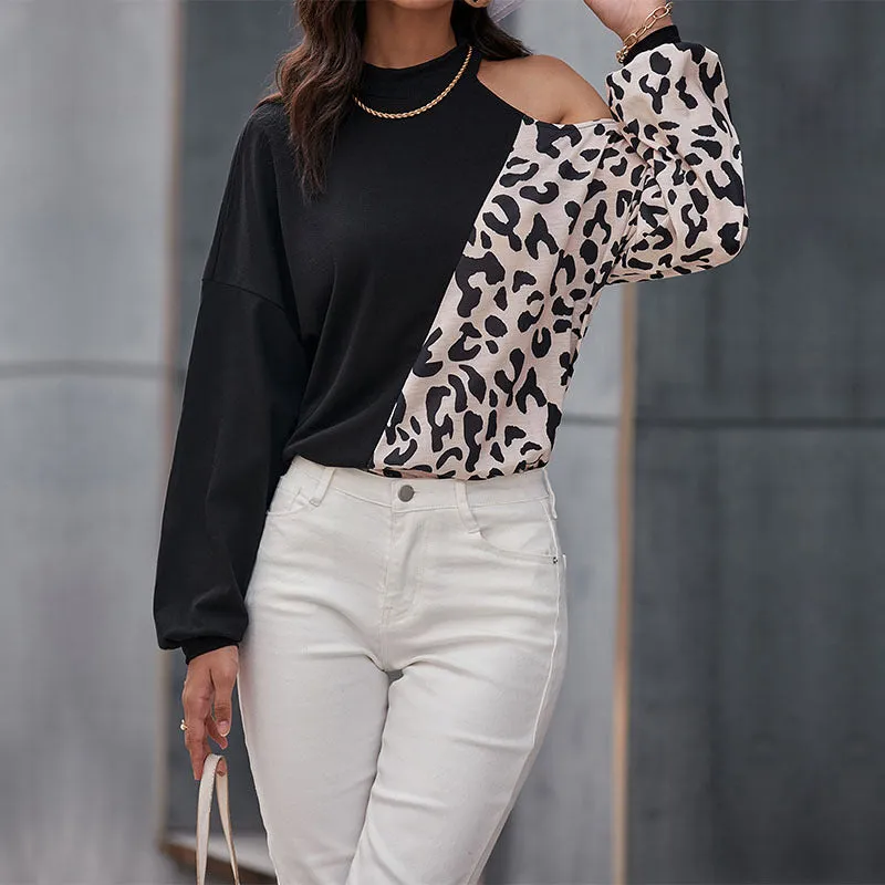Ladies Long Sleeve Stitching Leopard Print Off-Shoulder T-Shirt Wholesale