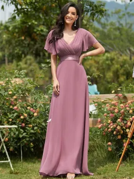 Long Empire Waist Evening Dress with Short Flutter Sleeves