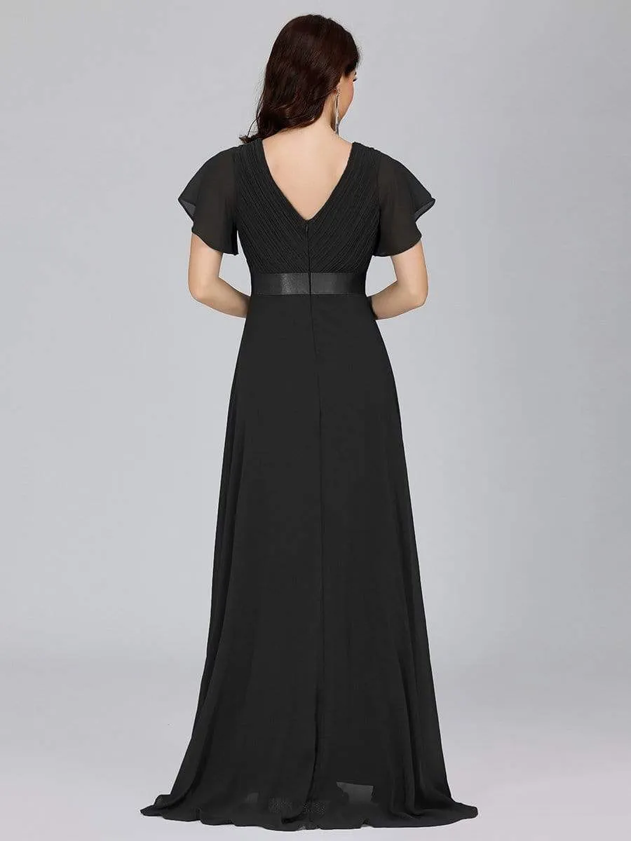 Long Empire Waist Evening Dress with Short Flutter Sleeves