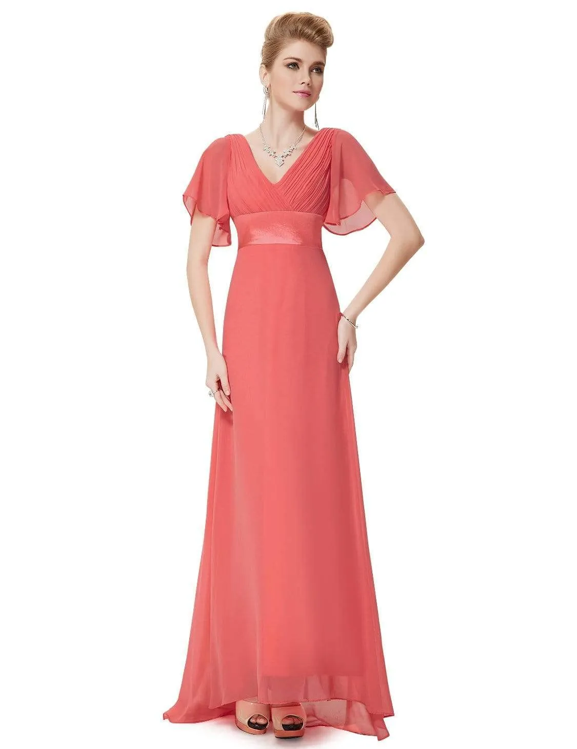 Long Empire Waist Evening Dress with Short Flutter Sleeves