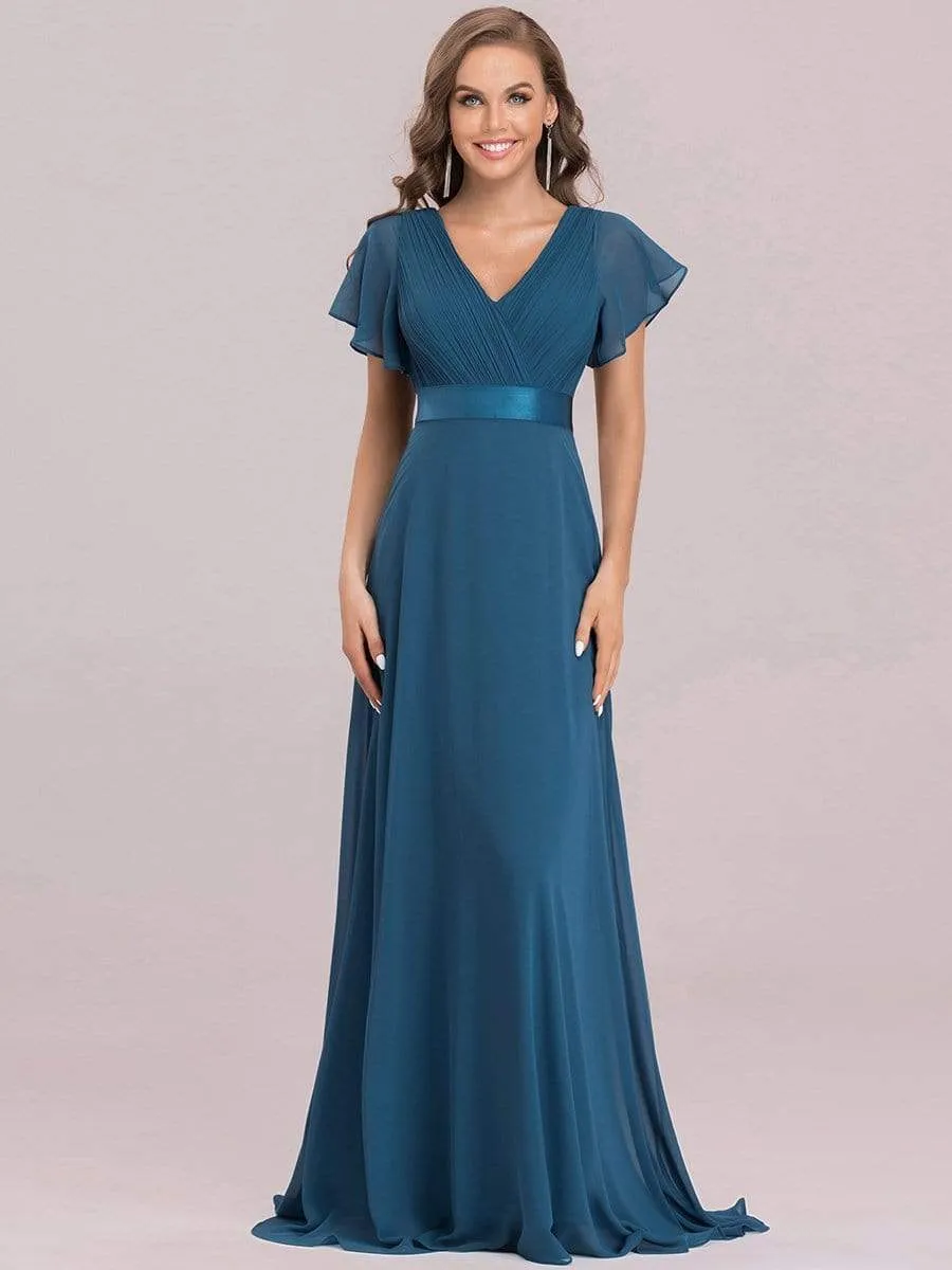 Long Empire Waist Evening Dress with Short Flutter Sleeves