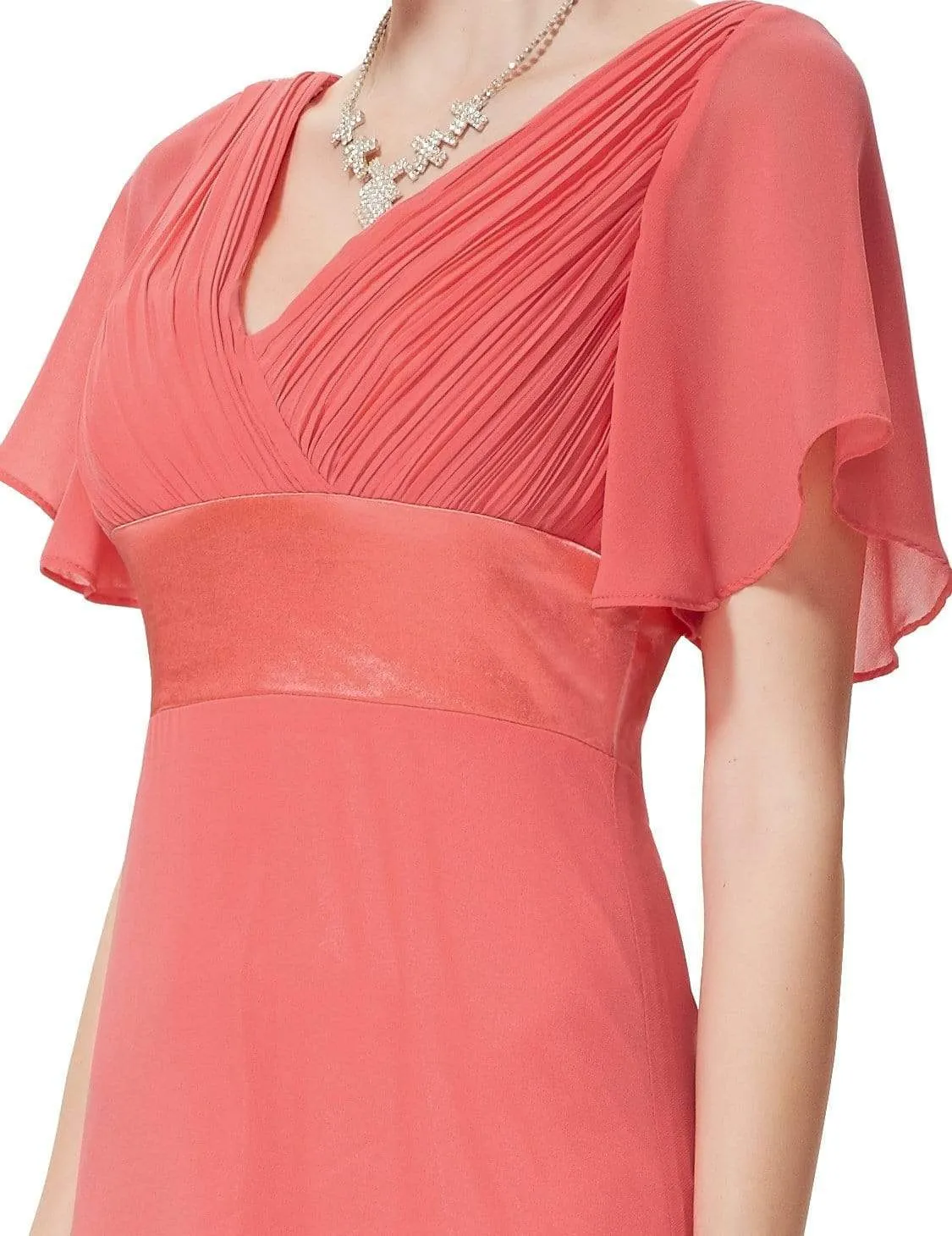 Long Empire Waist Evening Dress with Short Flutter Sleeves