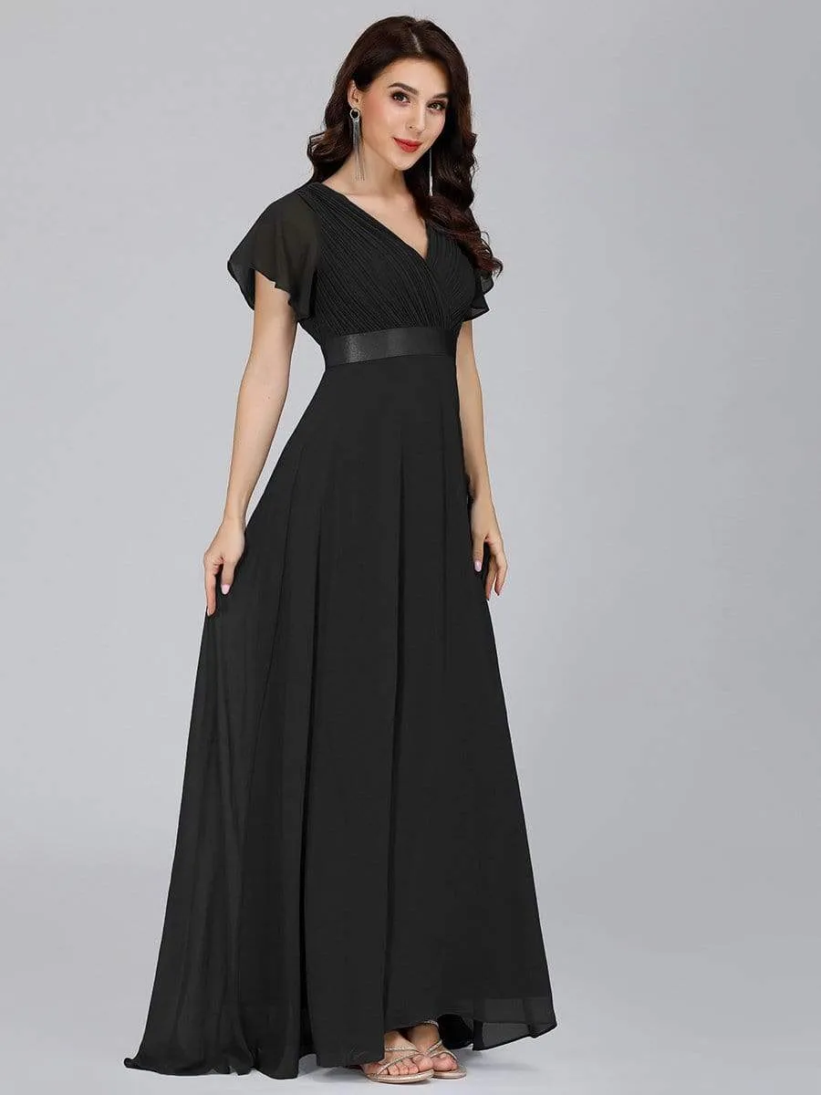 Long Empire Waist Evening Dress with Short Flutter Sleeves