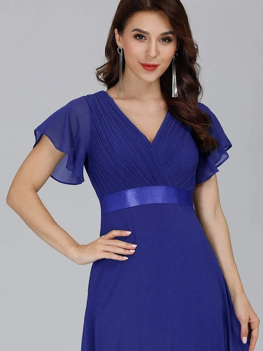 Long Empire Waist Evening Dress with Short Flutter Sleeves