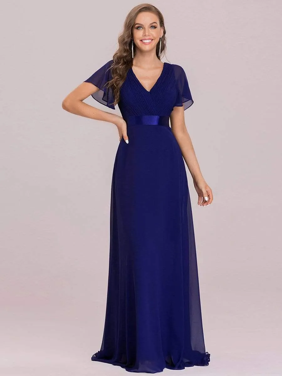 Long Empire Waist Evening Dress with Short Flutter Sleeves