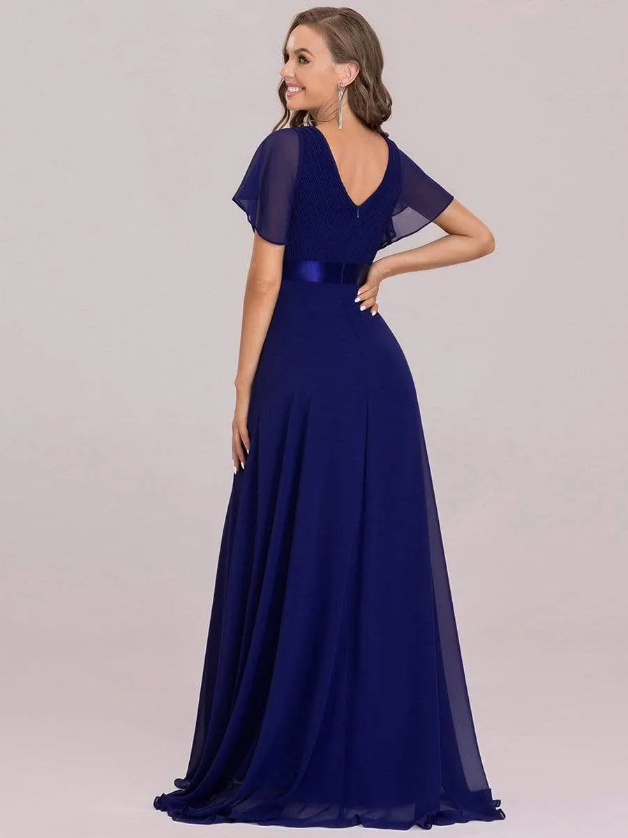Long Empire Waist Evening Dress with Short Flutter Sleeves