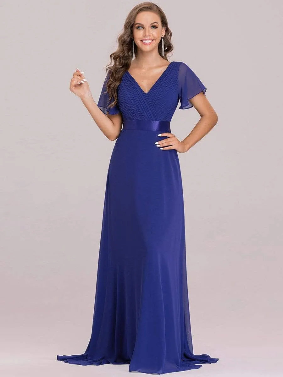 Long Empire Waist Evening Dress with Short Flutter Sleeves