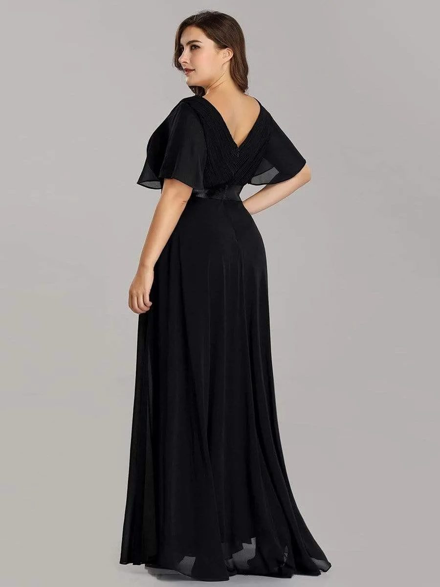 Long Empire Waist Evening Dress with Short Flutter Sleeves
