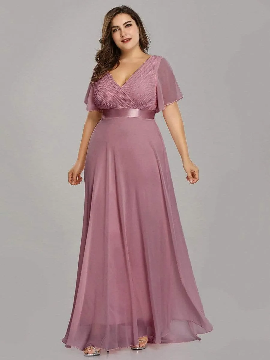 Long Empire Waist Evening Dress with Short Flutter Sleeves