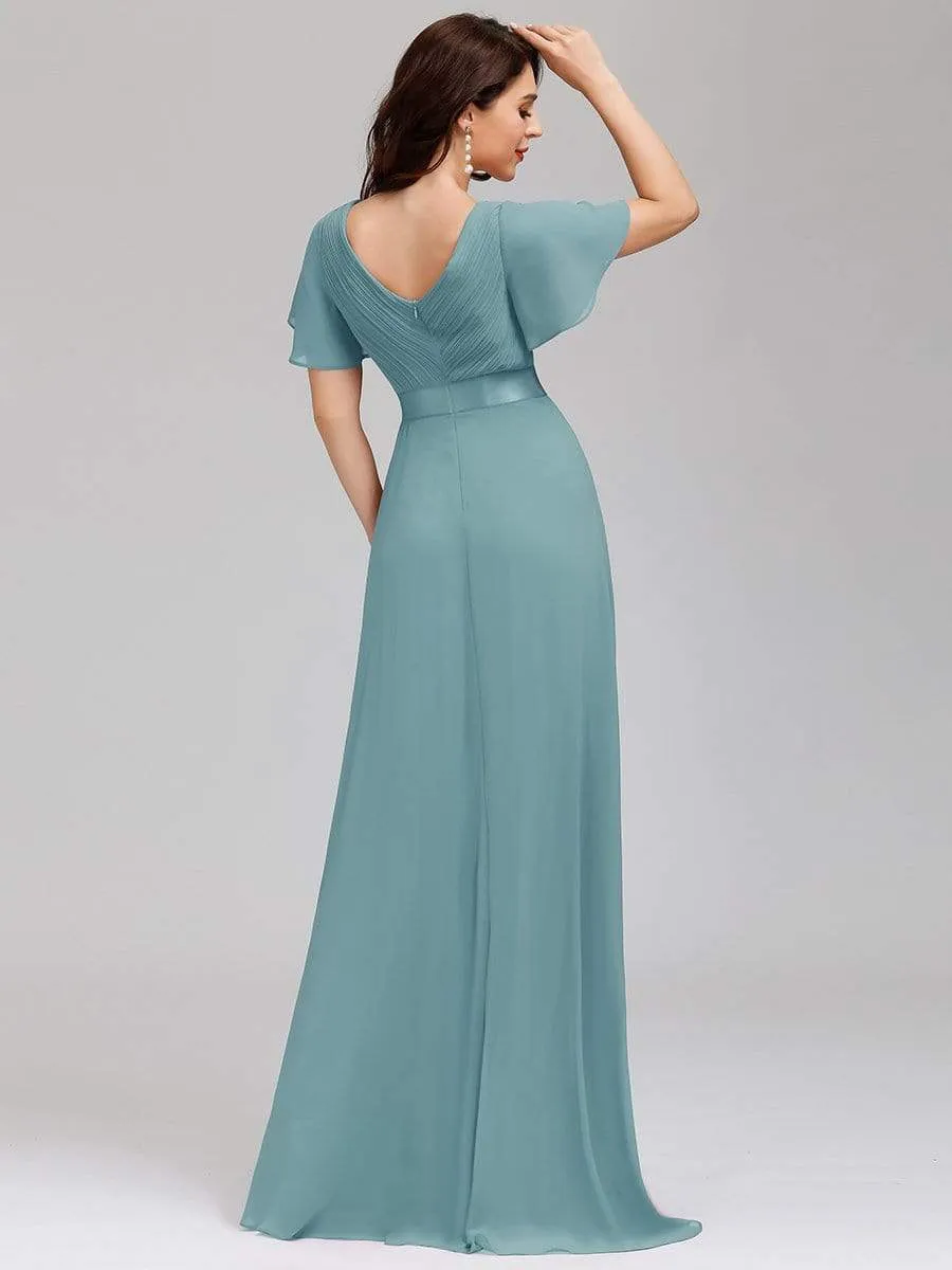 Long Empire Waist Evening Dress with Short Flutter Sleeves