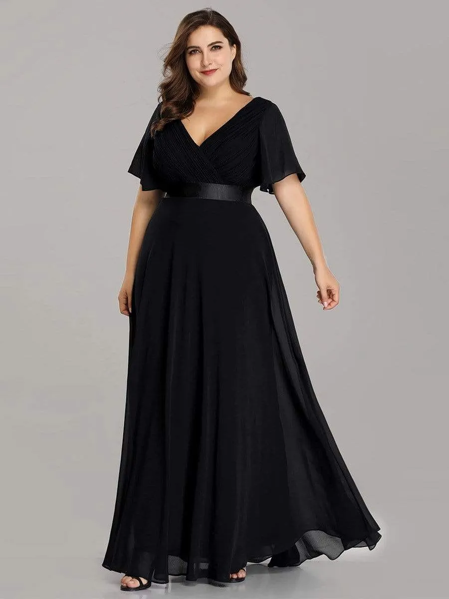 Long Empire Waist Evening Dress with Short Flutter Sleeves