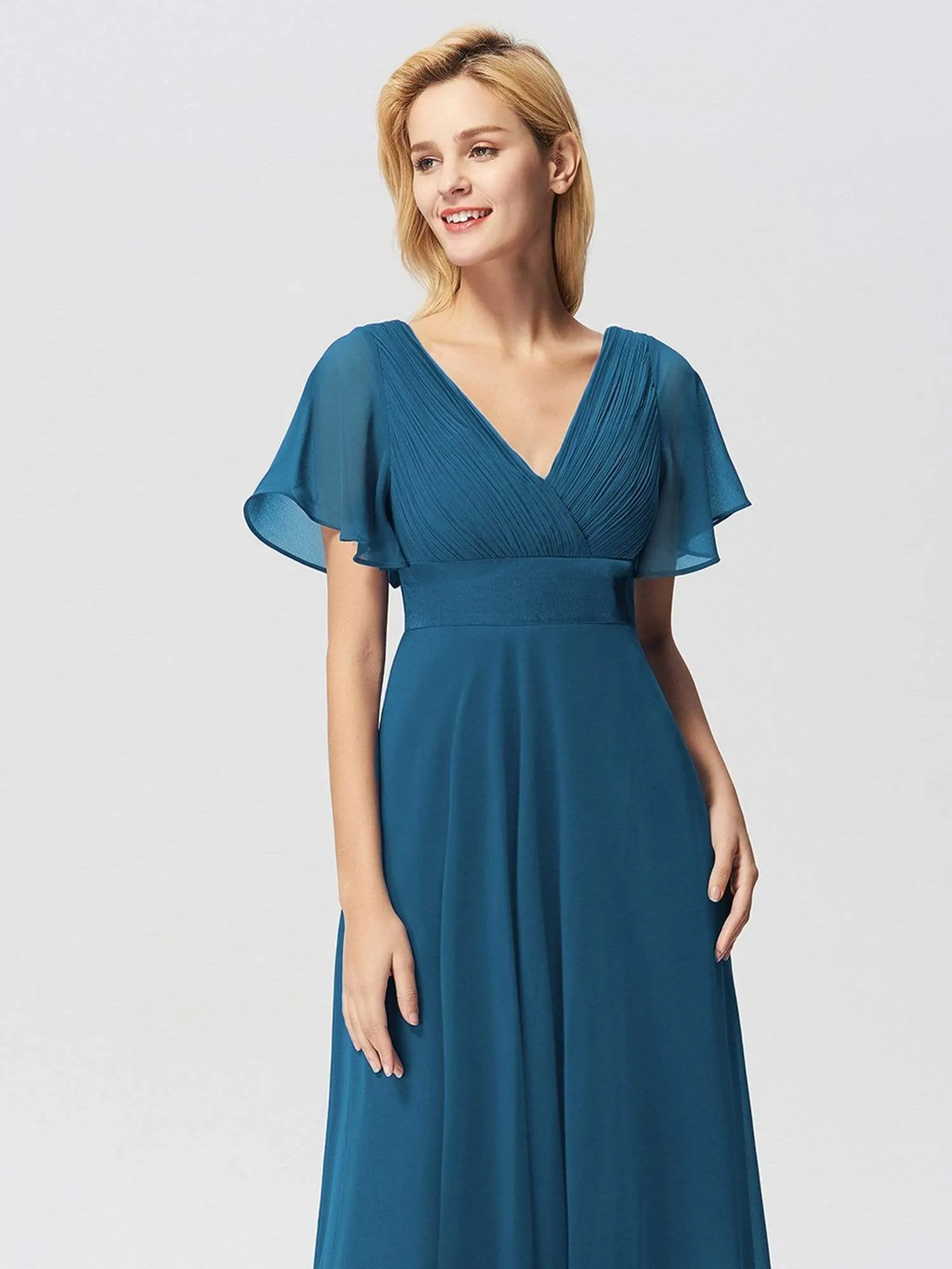 Long Empire Waist Evening Dress with Short Flutter Sleeves
