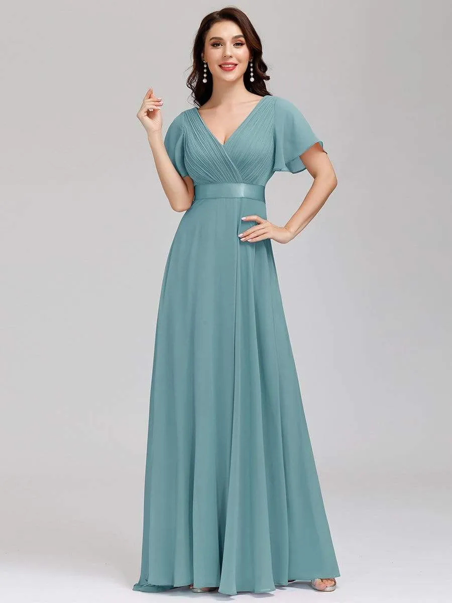 Long Empire Waist Evening Dress with Short Flutter Sleeves