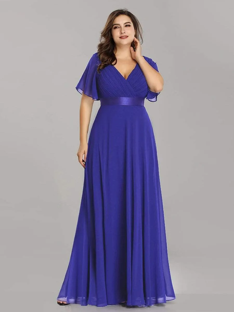 Long Empire Waist Evening Dress with Short Flutter Sleeves