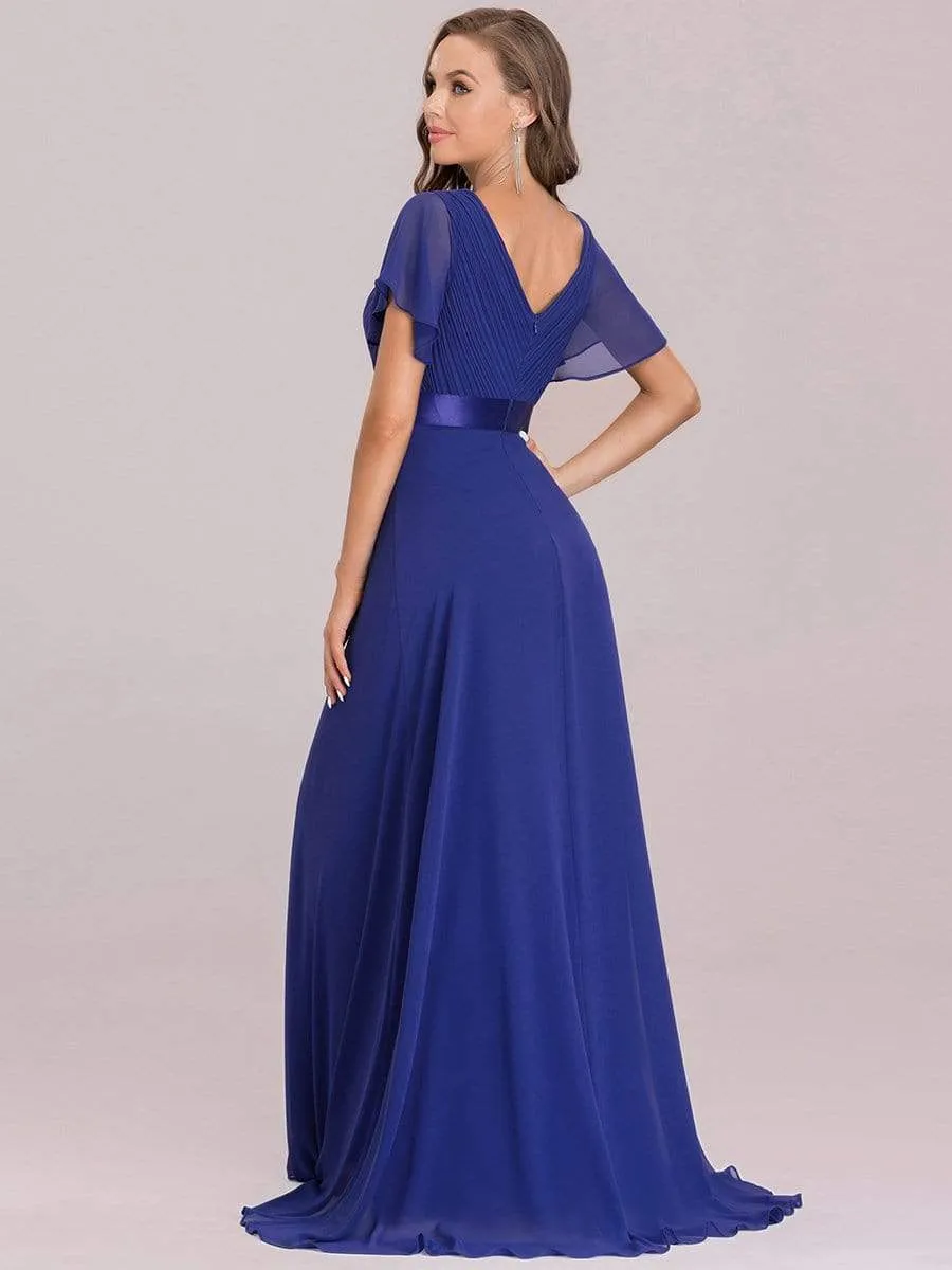 Long Empire Waist Evening Dress with Short Flutter Sleeves