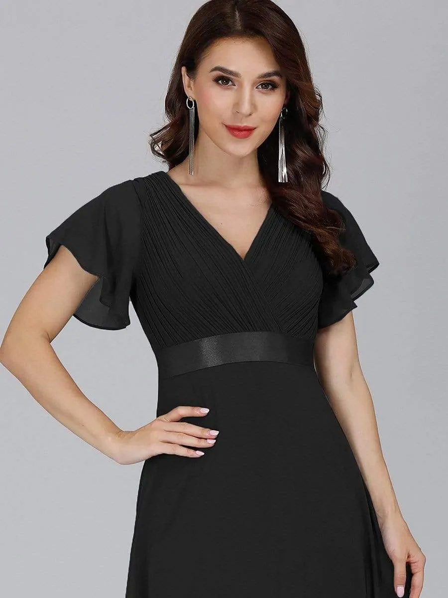 Long Empire Waist Evening Dress with Short Flutter Sleeves