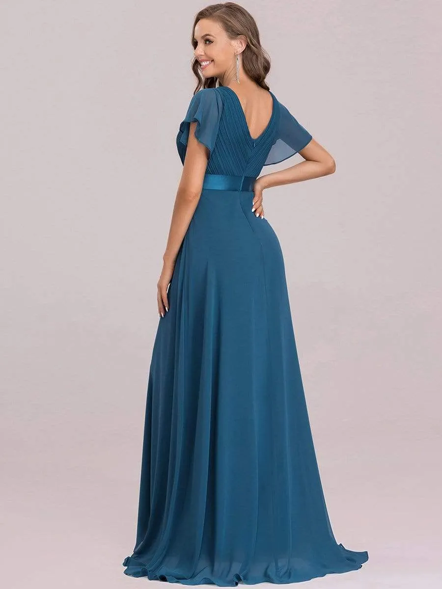 Long Empire Waist Evening Dress with Short Flutter Sleeves