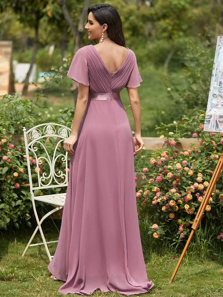 Long Empire Waist Evening Dress with Short Flutter Sleeves