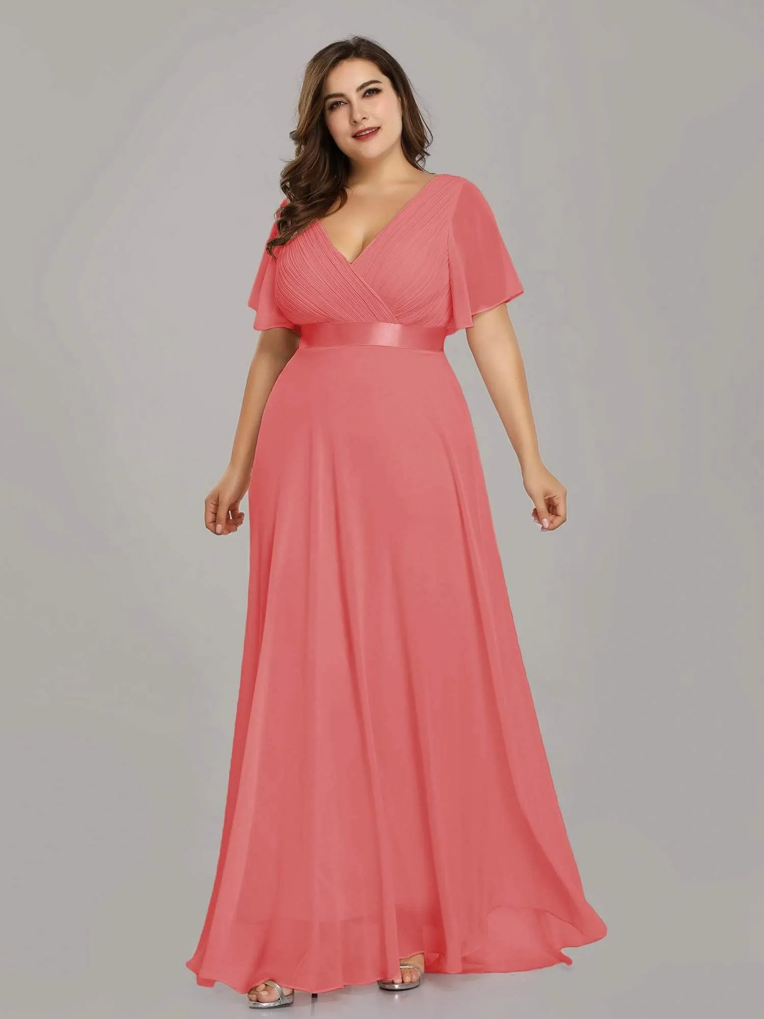 Long Empire Waist Evening Dress with Short Flutter Sleeves