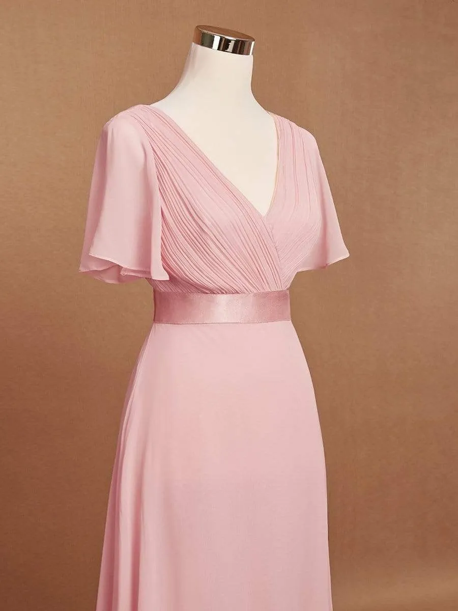 Long Empire Waist Evening Dress with Short Flutter Sleeves