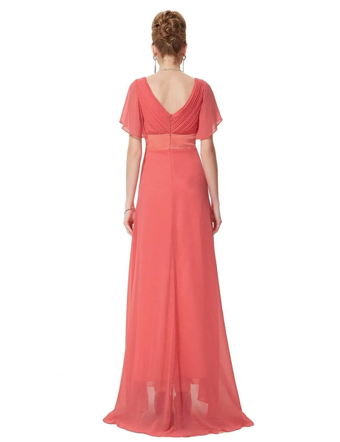 Long Empire Waist Evening Dress with Short Flutter Sleeves