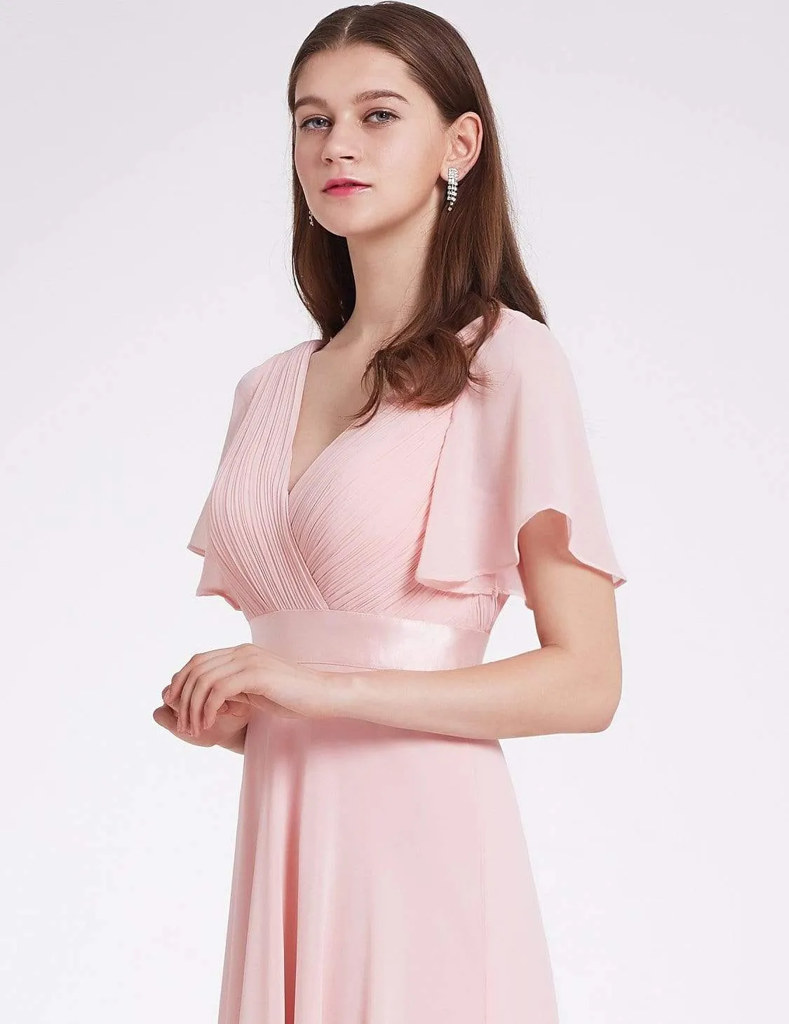 Long Empire Waist Evening Dress with Short Flutter Sleeves