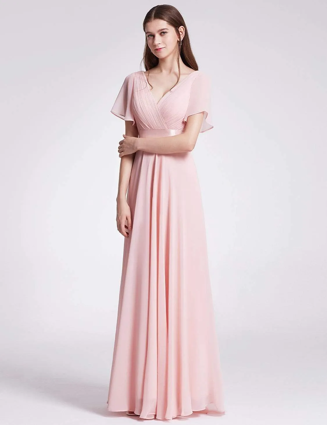 Long Empire Waist Evening Dress with Short Flutter Sleeves