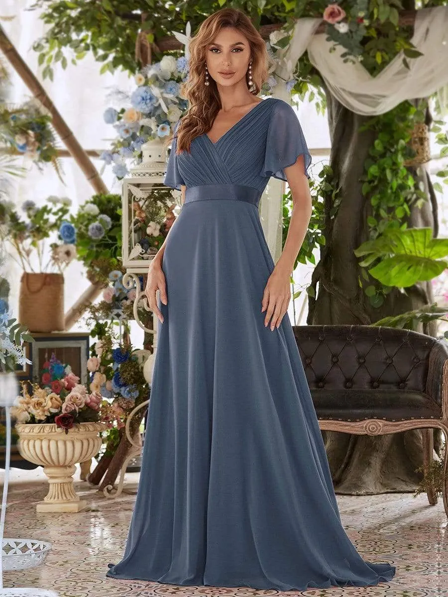 Long Empire Waist Evening Dress with Short Flutter Sleeves