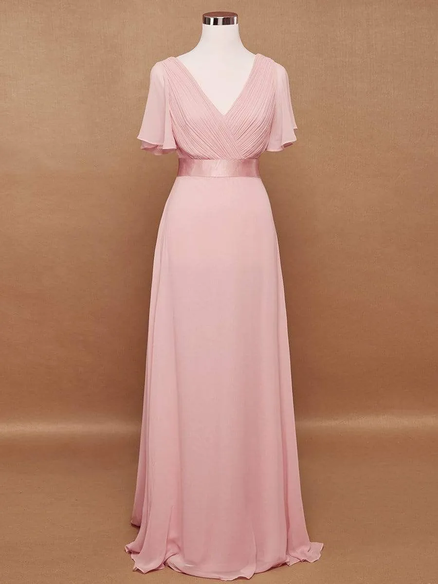 Long Empire Waist Evening Dress with Short Flutter Sleeves