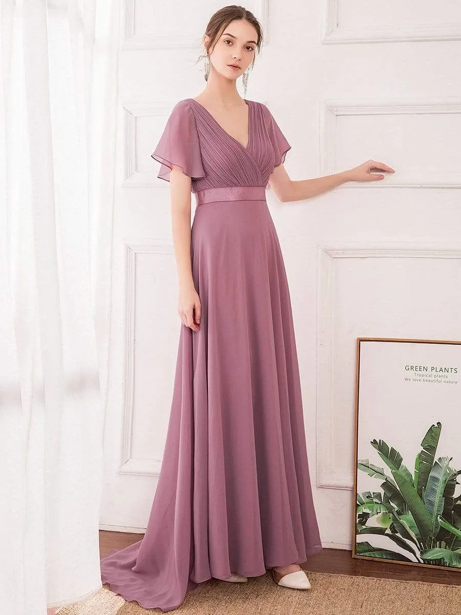 Long Empire Waist Evening Dress with Short Flutter Sleeves