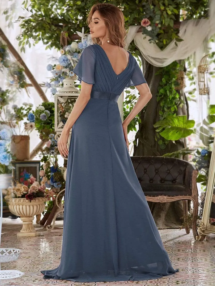Long Empire Waist Evening Dress with Short Flutter Sleeves
