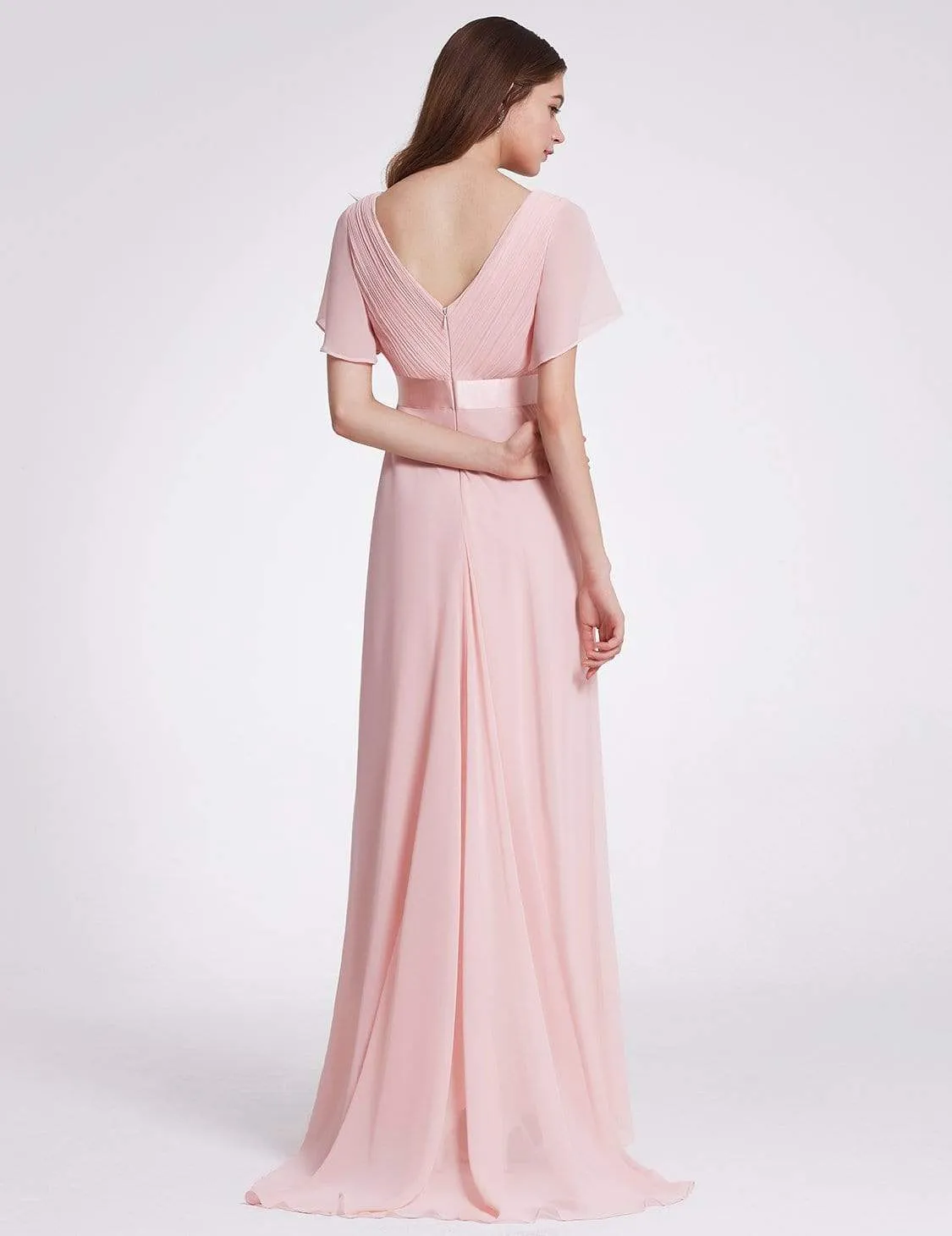 Long Empire Waist Evening Dress with Short Flutter Sleeves