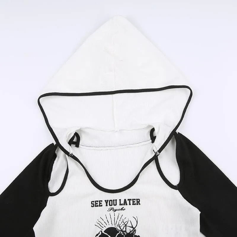 Long sleeve contrast hollow out abstract metal chain button hoodie bodysuit