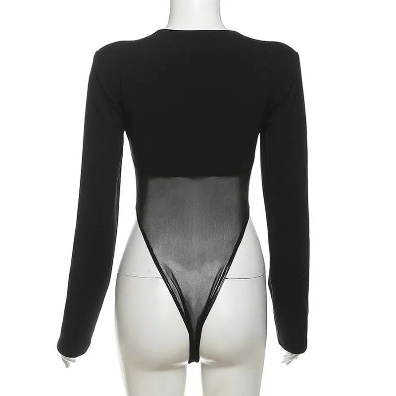 Long sleeve metal tag mesh patchwork bodysuit