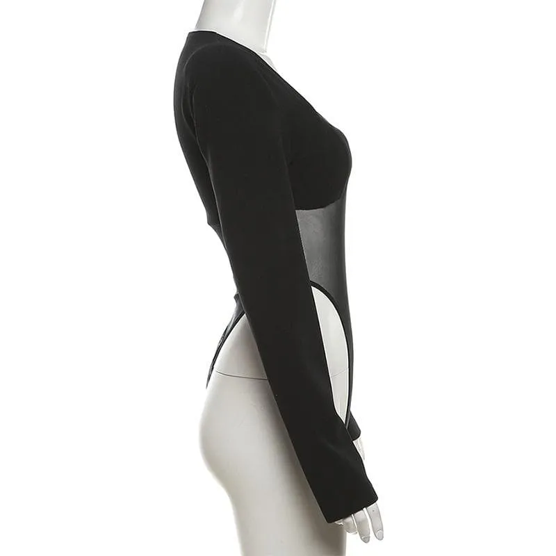Long sleeve metal tag mesh patchwork bodysuit
