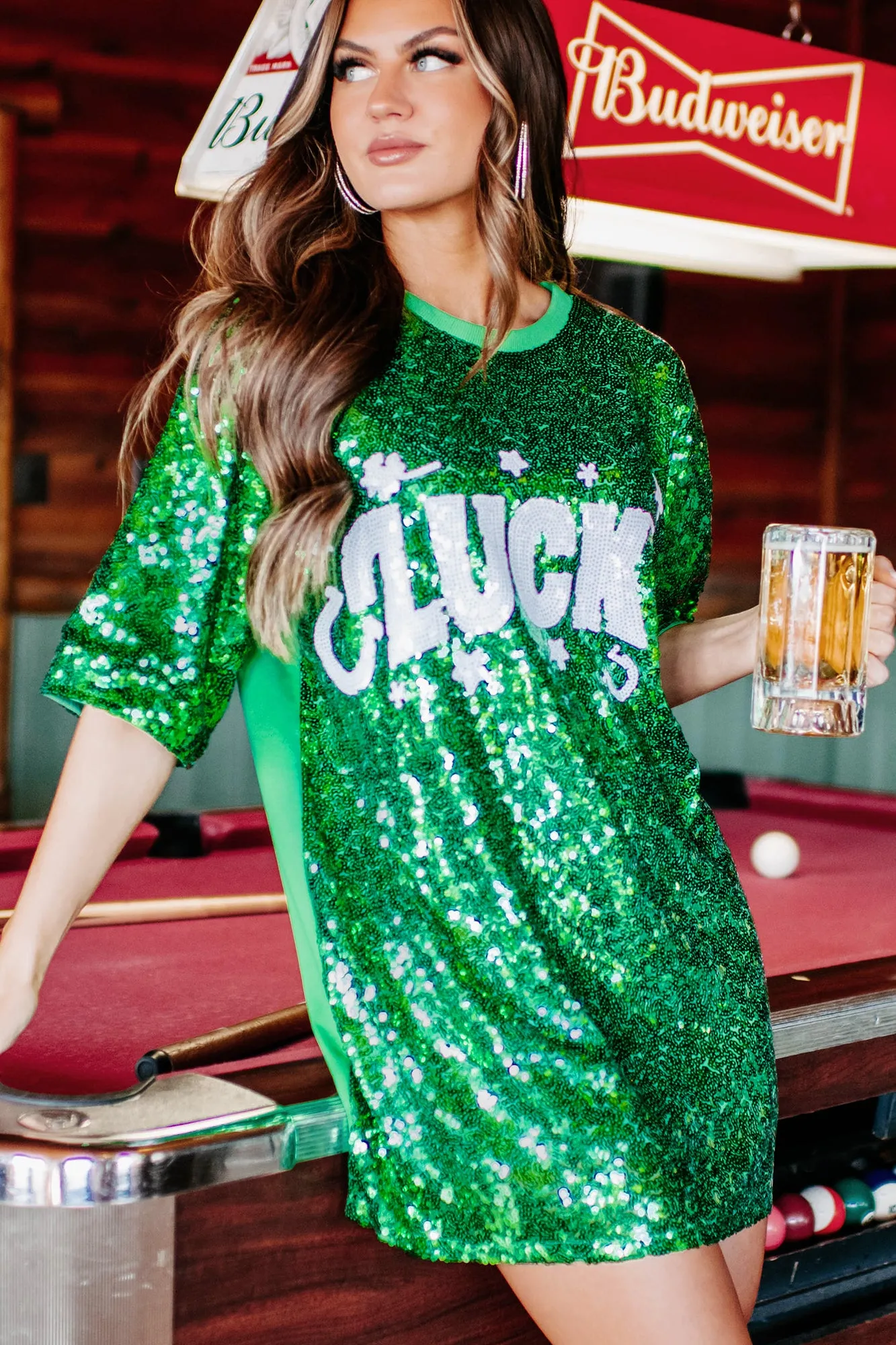 Luck's On My Side Sequin T-Shirt Dress (Green/White)