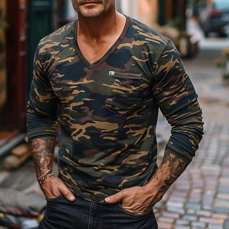 Men's Camouflage Print V-Neck Long Sleeve T-Shirt 13126283X