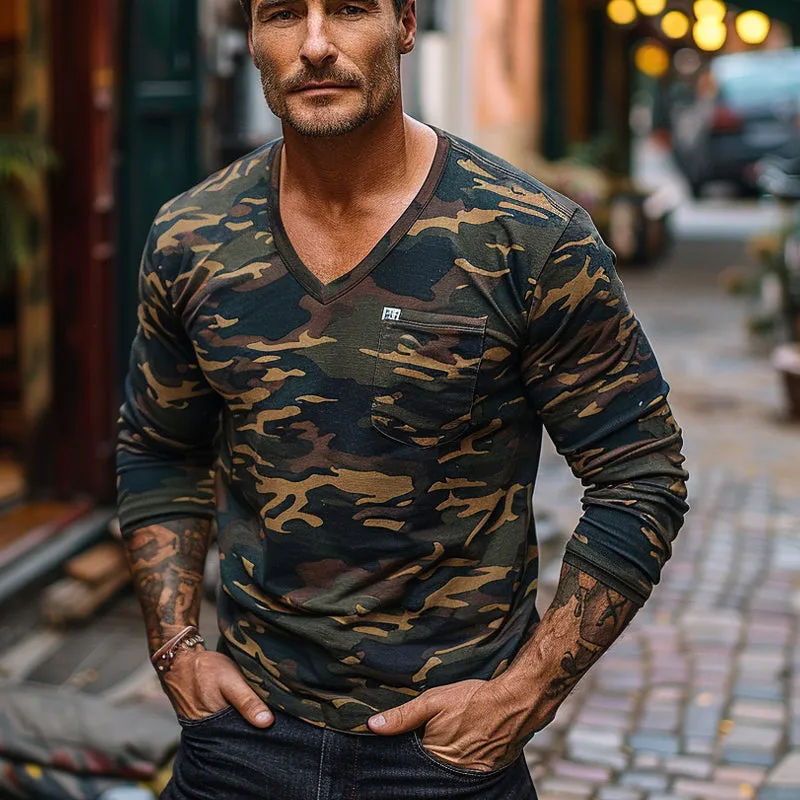 Men's Camouflage Print V-Neck Long Sleeve T-Shirt 13126283X