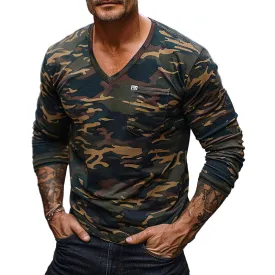 Men's Camouflage Print V-Neck Long Sleeve T-Shirt 13126283X