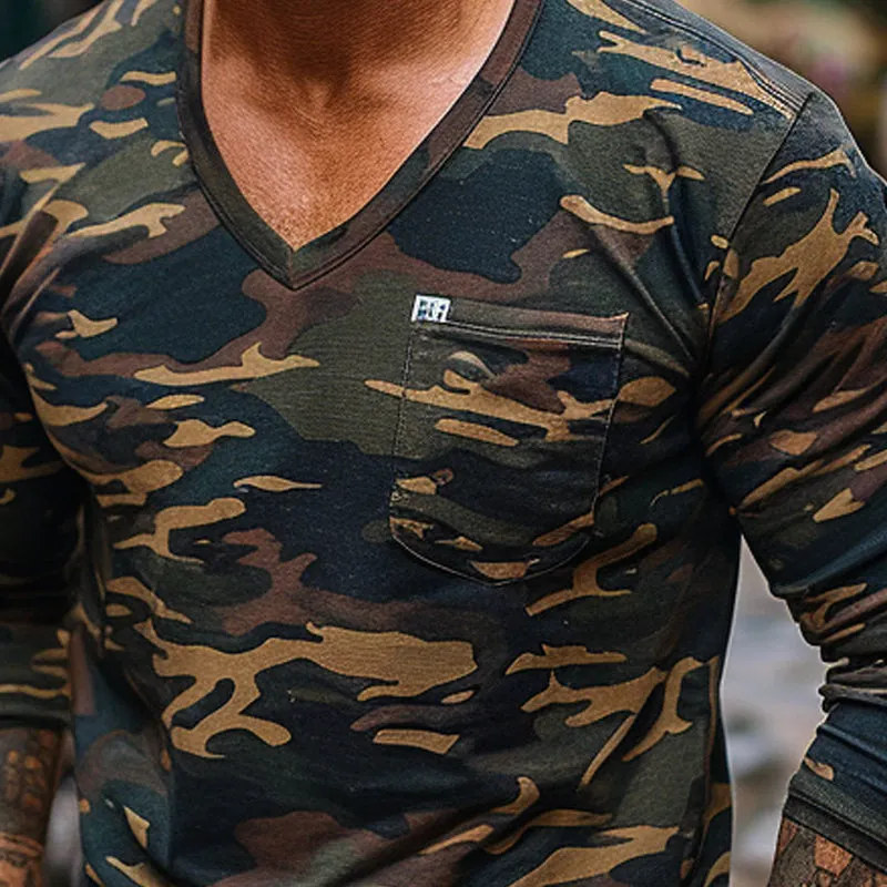 Men's Camouflage Print V-Neck Long Sleeve T-Shirt 13126283X