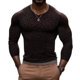 Men's Casual Leopard Stripe V-Neck Slim Fit Long Sleeve T-Shirt 87499665M
